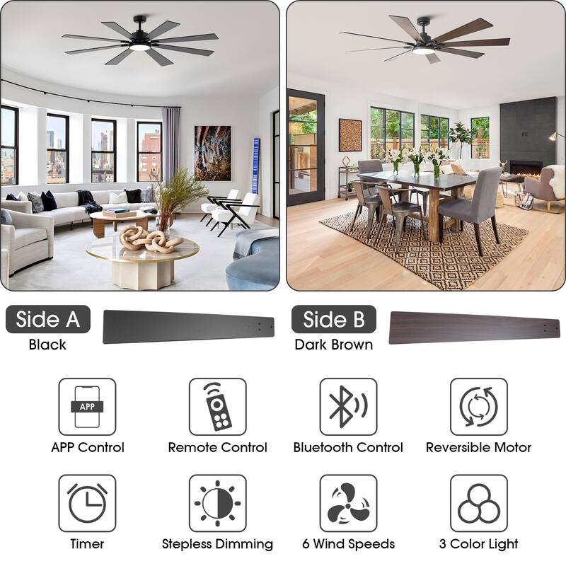 72" Modern Black Large Ceiling Fan with Light, Remote and Bluetooth Control