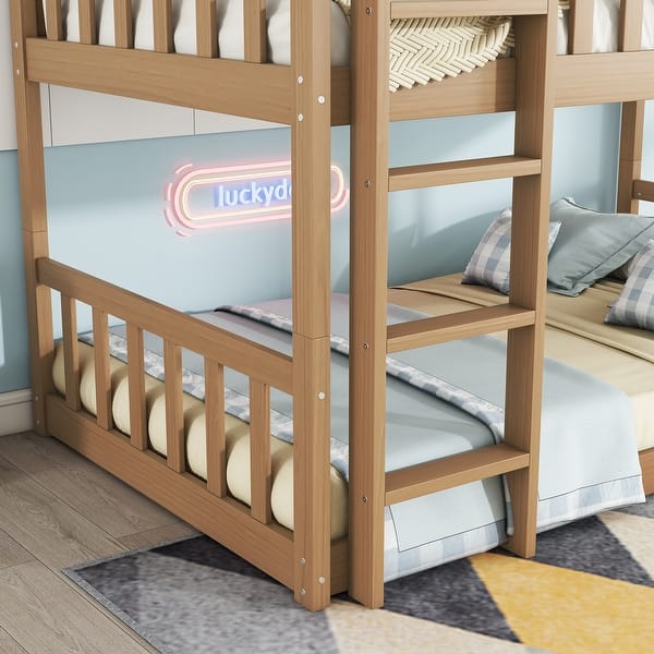 slide 2 of 12, Twin Size Triple Rubber Wood Bunk Bed, Oak Oak