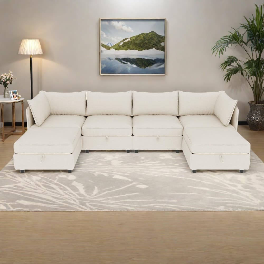 93.5" Chenille Modular Sectional Sofa with Storage and Convertible Design, 6-Seater