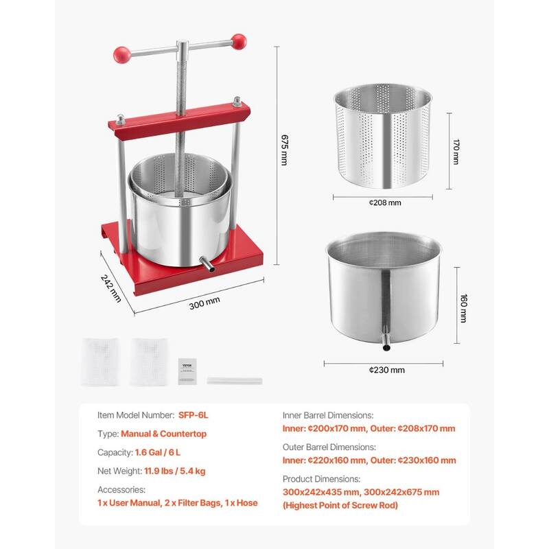 1.6 Gal Manual Fruit Press with Stainless Steel Plate Juicer for Wine Puree or Olive Oil - 300x242x435 mm