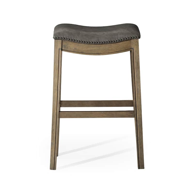 HomeRoots 31" Stone and Oak Faux Leather and Solid Wood Backless Bar Height Bar Chair