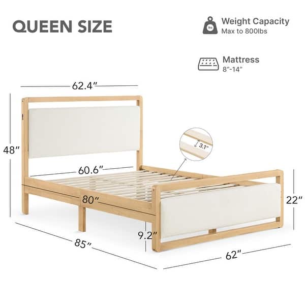 dimension image slide 3 of 4, Spruce & Spring Modern Upholstered Platform Bed Frame with USB & Type-C Charging