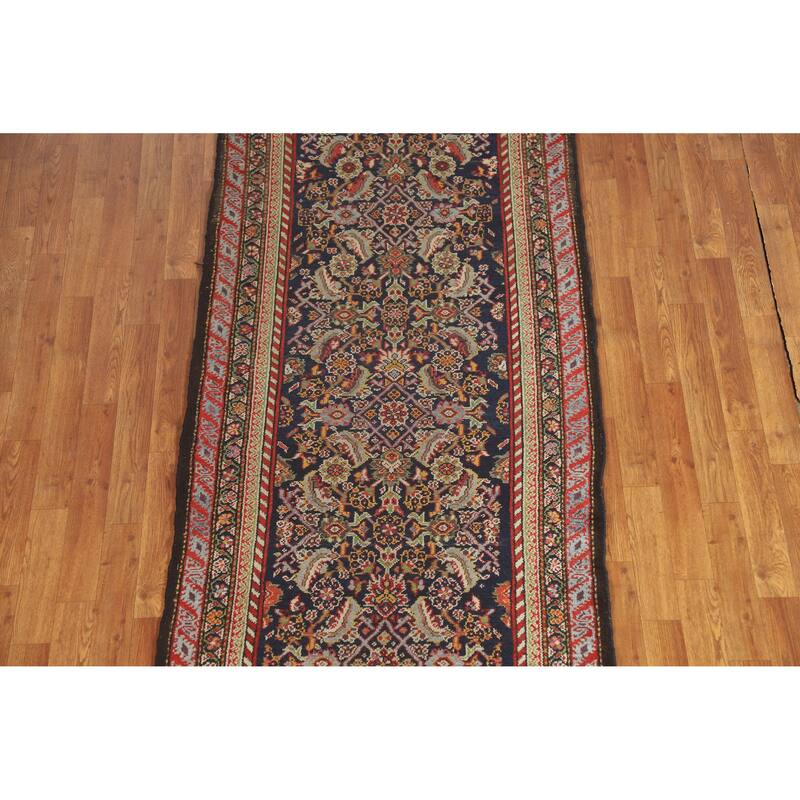 Hand Knotted Oriental 100% Wool Carpet Traditional Floral Navy Blue & Blues Malayer Runner Rug - 12' 8'' X 3' 3''