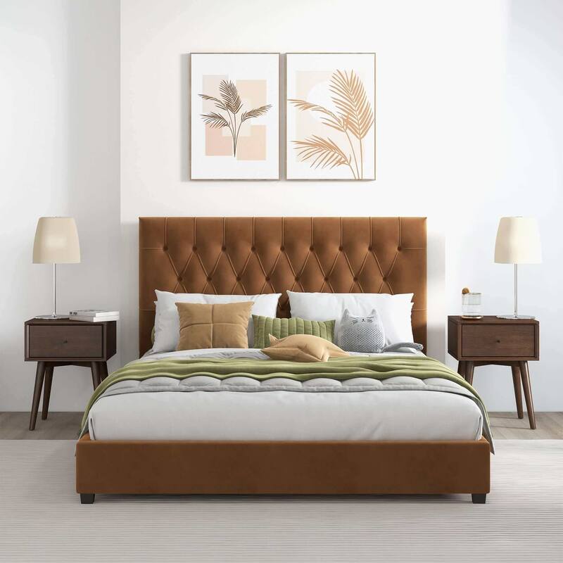 Queen Platform Bed with Plush Cognac Velvet Upholstery, Mid Century Modern Design, Tufted Elongated Headboard, Solid Wood Legs