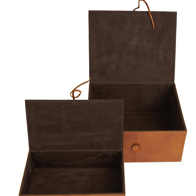 Leather Handmade Decorative Box with Hinged Lid - Set of 2 Gray, Brown, Dark Brown, Gold, Silver - Roche River Decor