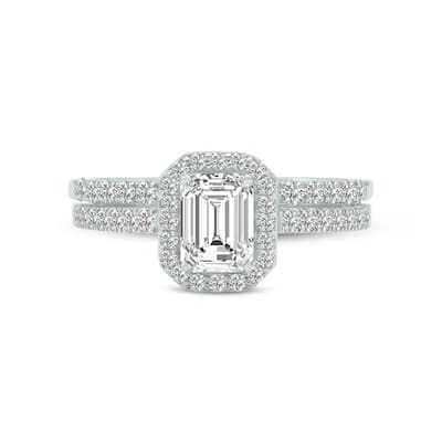 Marquee 1 1/2 Carat TW Center Emerald Cut Lab Grown Diamond Halo Bridal Set in 14Karat White Gold