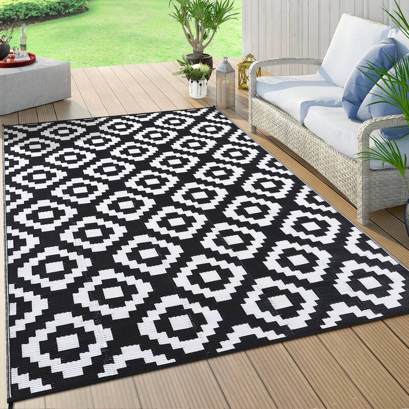 Outdoor Rug Waterproof Plastic Straw Rug Reversible Rug for Patios Decks Porch Camper Balcony Backyard - 8'x10' - Black White