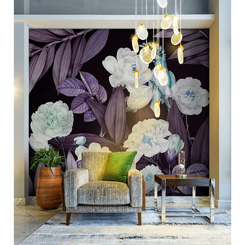 Exotic Flowers Night Garden Wallpaper Mural Tropical Bird