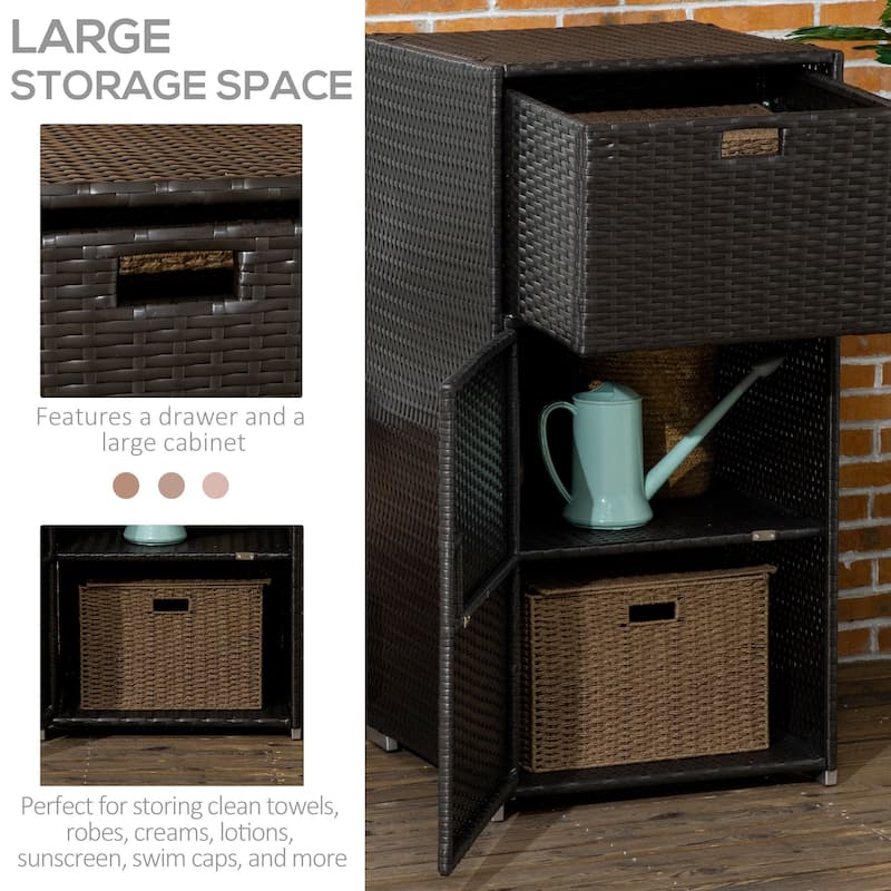 Outsunny Outdoor Towel Rack & Pool Toy Cabinet / Hot Tub Accessory Storage, Freestanding Waterproof PE Rattan Wicker