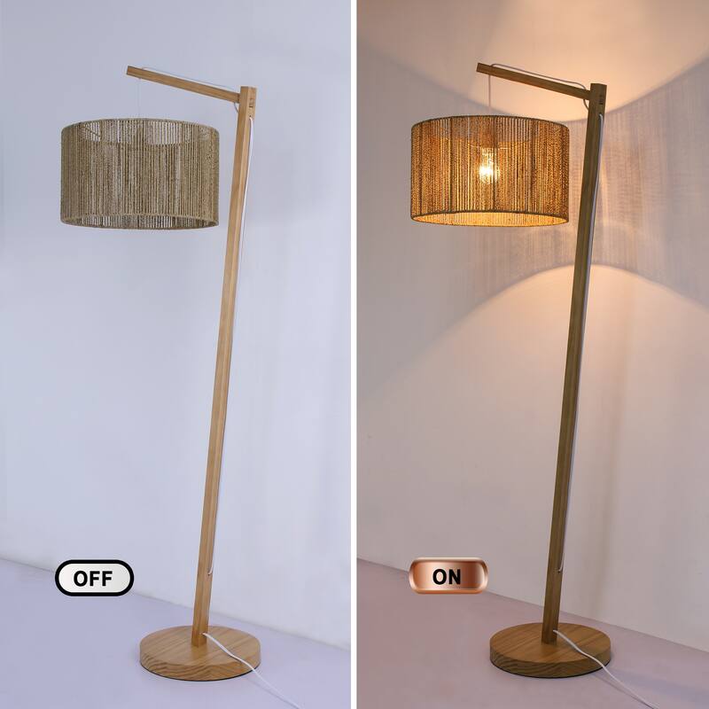 65 in. Boho Lantern Standing Floor Lamp with Pine Wood Body and Rattan Shade for Living Room, Bedroom