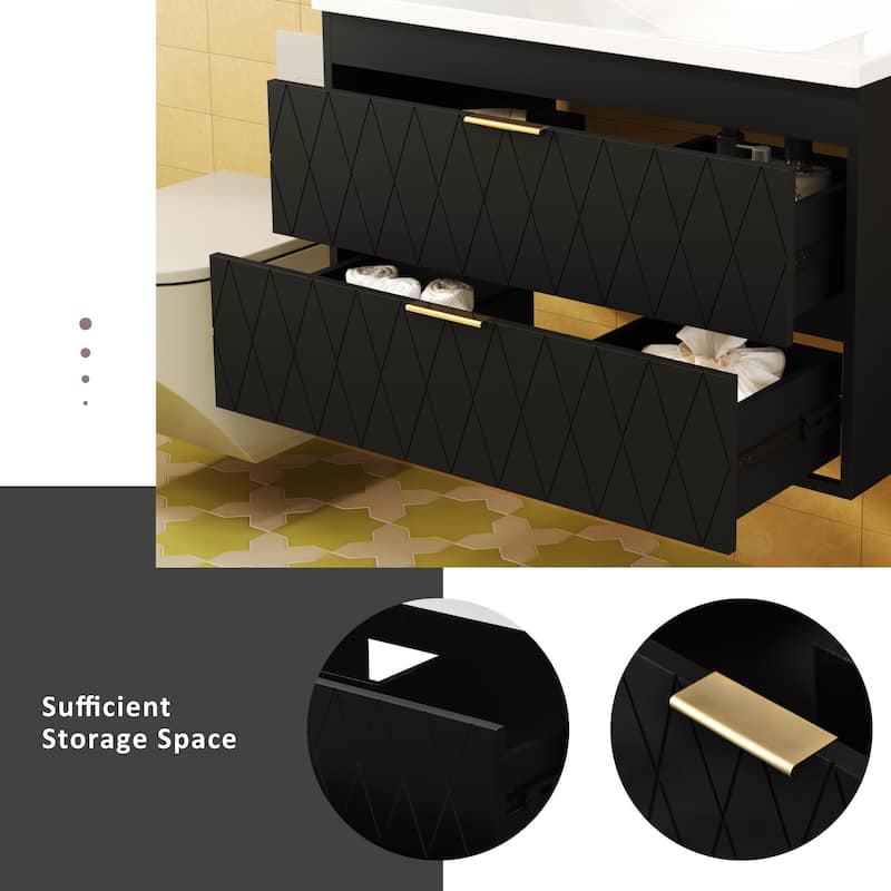 Modern 30" Wall-Mounted Bathroom Vanity with Resin Sink, Solid Wood Floating Cabinet with 2 Drawers