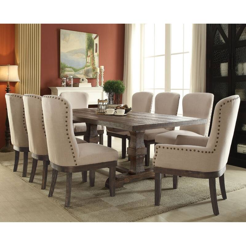 Linen Arm Chair with Nailhead Trim in Beige and Salvage Brown