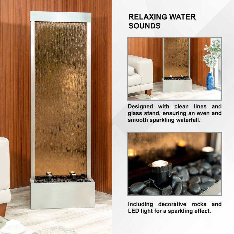 68 in H Freestanding Waterfall Fountain w/ Decorative Rocks LED, Auto-Shut Off Pump Stainless Steel/Bronze Glass, Silver Frame