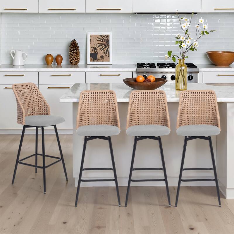 Chenille Counter Height Swivel Bar Stools Rattan Back with Metal Legs - Light Grey - Set of 4