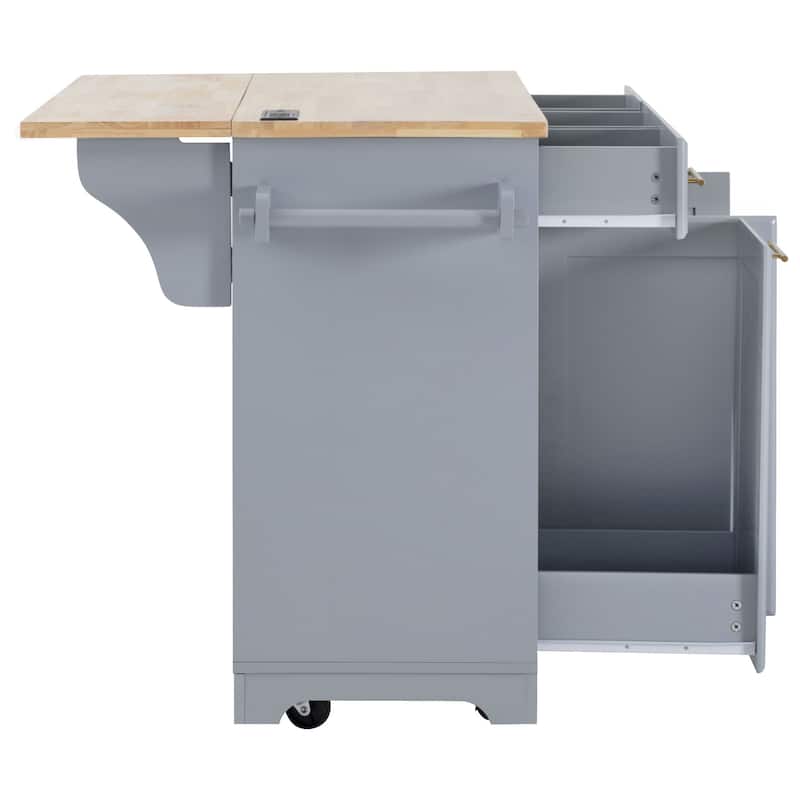 Rolling Kitchen Island Cart with 2 Pull Out Cabinet Organizers, Drop Leaf, Trash Can Storage, Power Outlet, Spice, Towel Rack