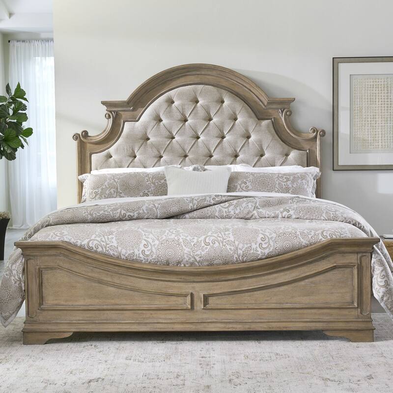 Magnolia Manor Upholstered Bed, and Dresser and Mirror Set - Weathered Bisque - Queen