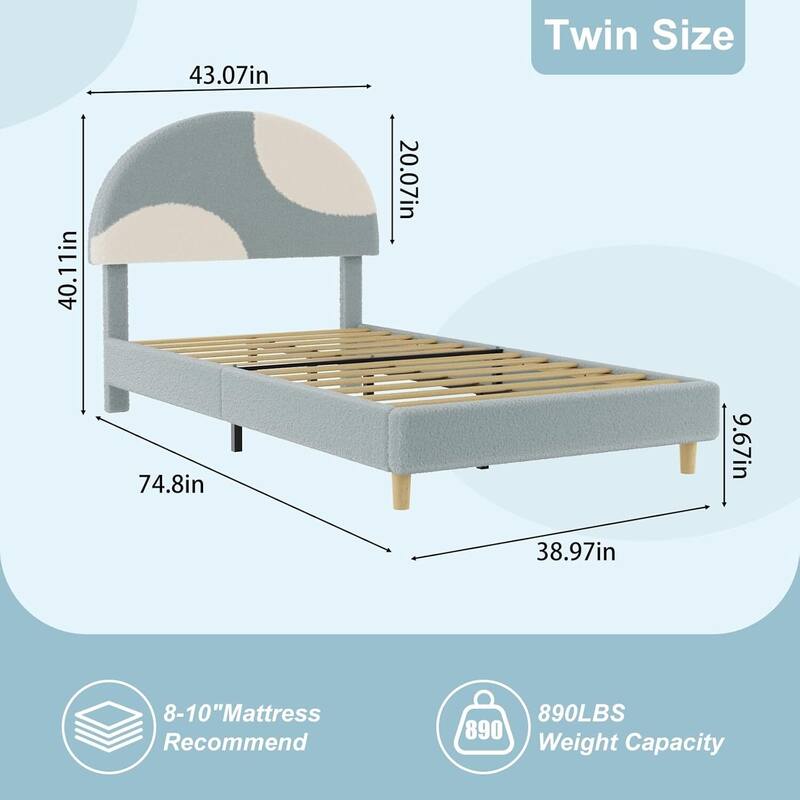 Twin Bed Frame, with Wooden Slats and Round Boucle Headboard