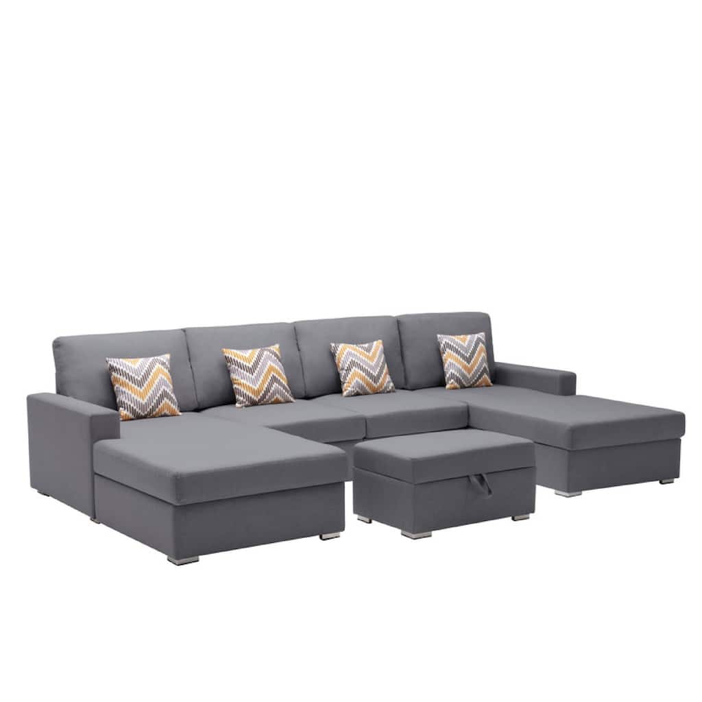 Meg Double Chaise U Sectional Sofa with Ottoman, Gray Linen, 124 Inch