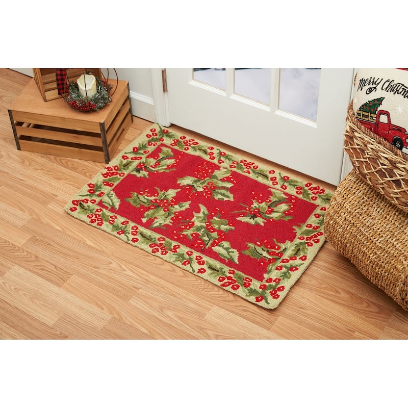 2'0" x 3'0" Holly Red Hooked Christmas Rug - 2' x 3'