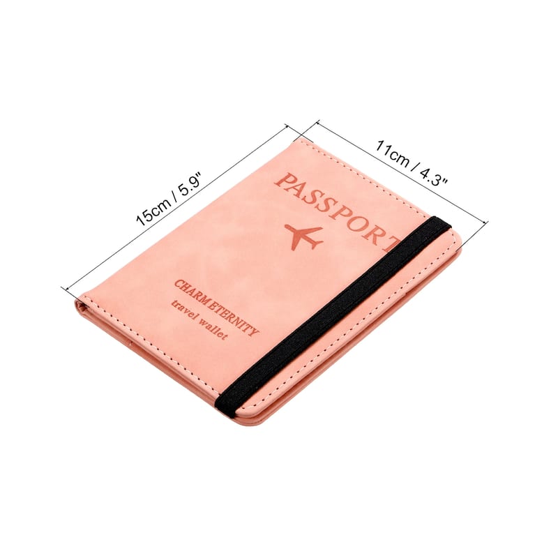 PU Passport Holder Cover with Strap, RFID Blocking Travel Wallet - 15x11cm - Pink