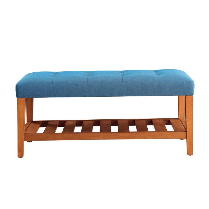 Fabric Upholstered Storage Bench with Slatted Shelf and Tapered Legs