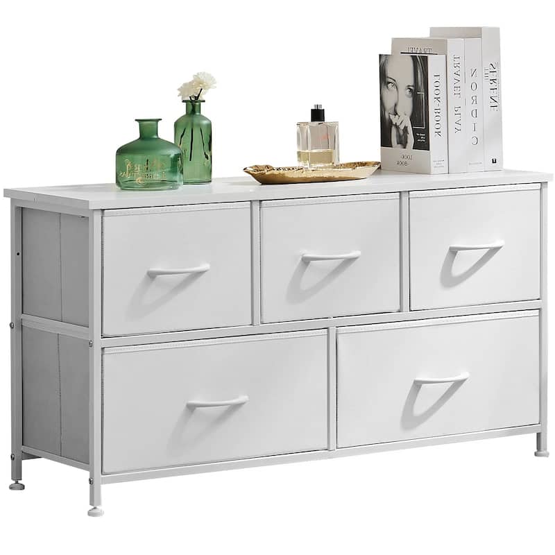 Dresser for Bedroom with 5 Fabric Drawers, Tall Chest Organizer Units for Clothing, Closet, Kidsroom, Storage Tower with Cabinet