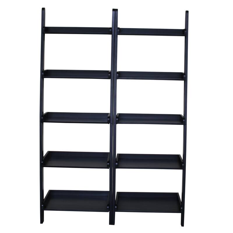 Solid Wood Lean-to 5-tier Shelf Unit Set (Set of 2) - Black