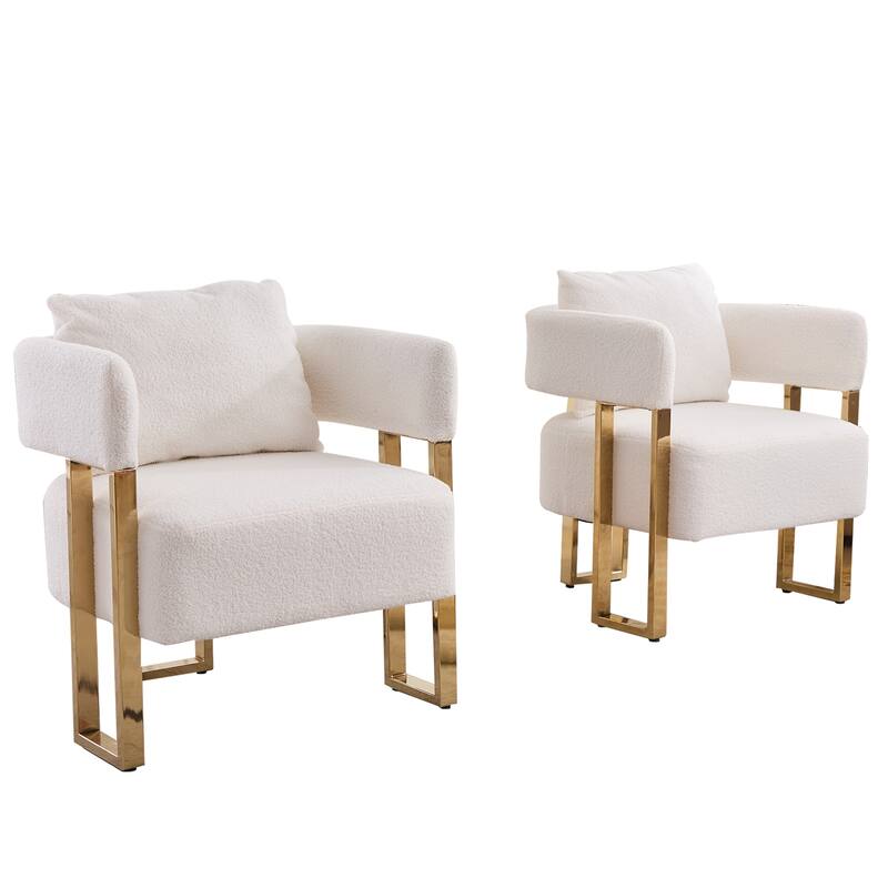 Modern Decorative White Teddy Fleece Upholstered Chair with Gold Metal Legs, 2PCS