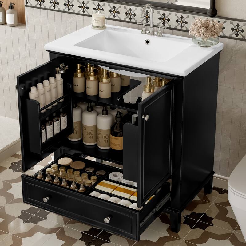 30" Bathroom Vanity with Sink Combo, Multi-functional Bathroom Cabinet with Doors and Drawer, Solid Frame and MDF Board - Black