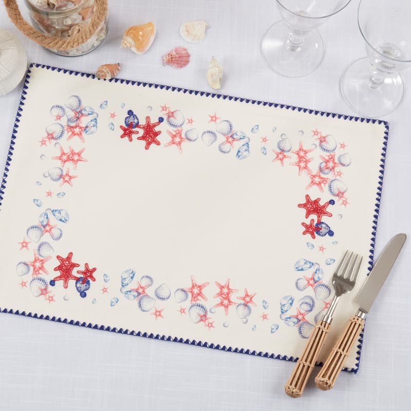 Coastal Starfish & Shell Cotton Placemats (Set of 4) - Nautical Sea Life Border for Dining, Beach-Inspired, 13"x19"