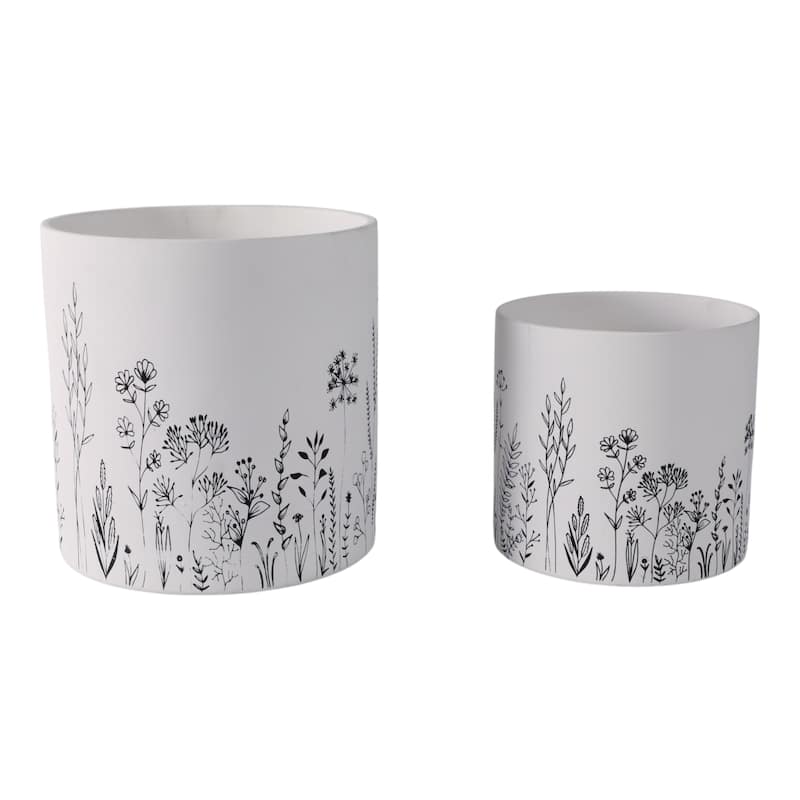 Terracotta Planters Botanical Illustration (Set of 2) - 9", 6" White - 8" x 8" x 8"