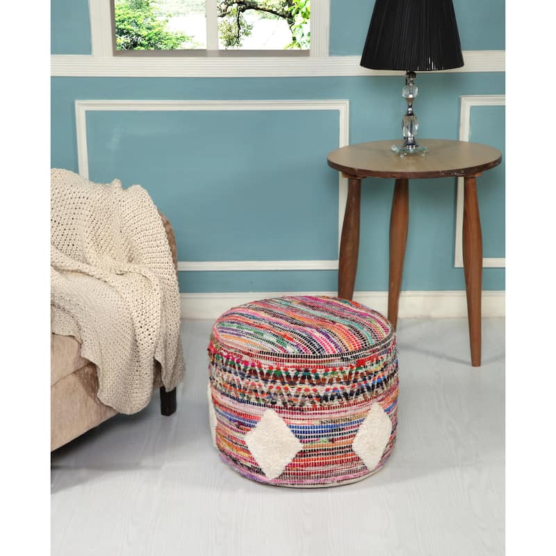 18 Inch Rainbow Cylinder Pouf Ottoman Geometric Design for Living Room