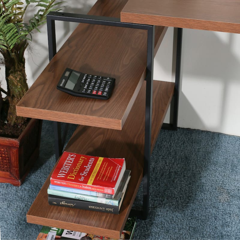 L - Shaped Home Office Desk with 2 Walnut Shelves