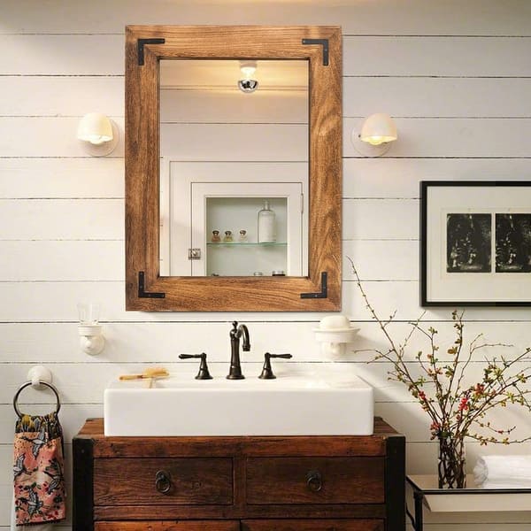 slide 1 of 18, Rustic Wooden Framed Wall Mirror, Natural Wood Bathroom Vanity Mirror 26" x 18" - Brown