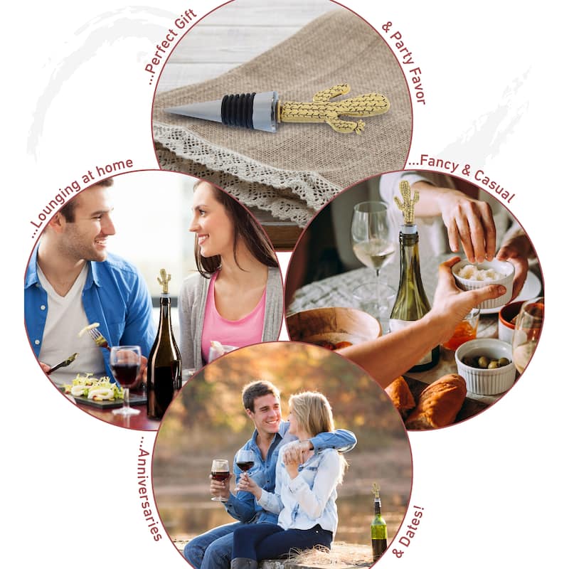 Cheers Gold Cactus Metal Wine Stopper - Elegant Vacuum Seal Reusable - 5 inches