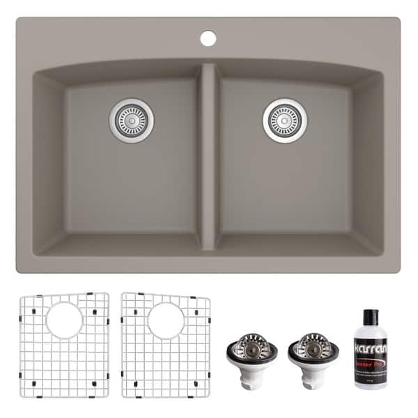 slide 33 of 69, Karran Drop-in Quartz 33 in. Double Bowl 50/50 Kitchen Sink Kit Concrete