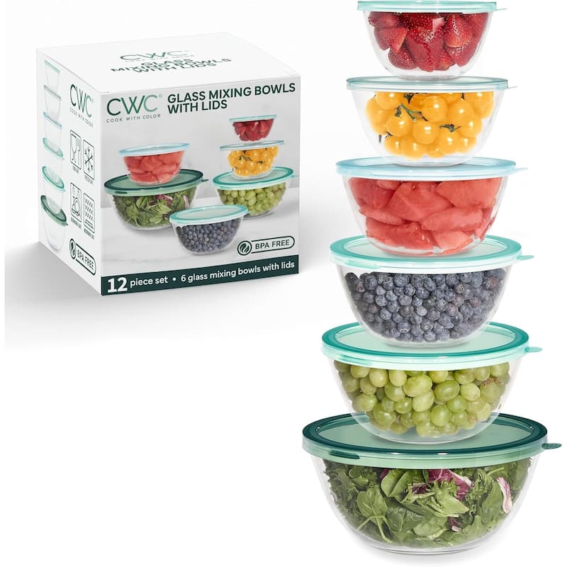 COOK WITH COLOR 12 Pc Glass Nesting Mixing Bowl Set with Lids for Cooking and Prep - Sage