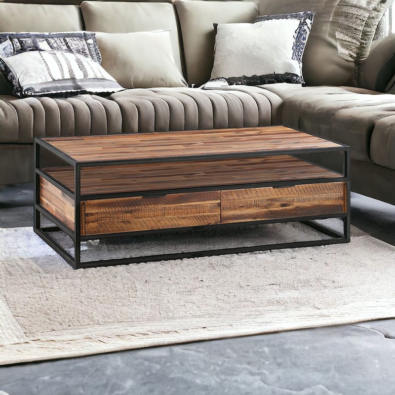 HomeRoots 50" Brown And Black Solid Wood And Metal Coffee Table With Two Drawers And Shelf - 50