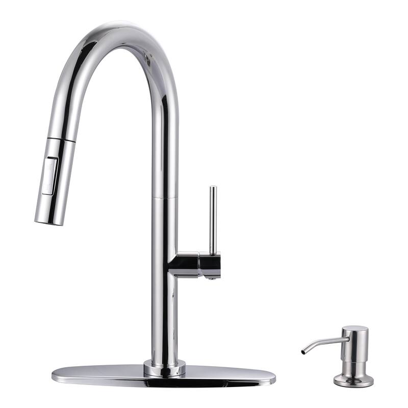 WOWOW Single Handle Pull Down Kitchen Faucet with Soap Dispenser - Polished Chrome