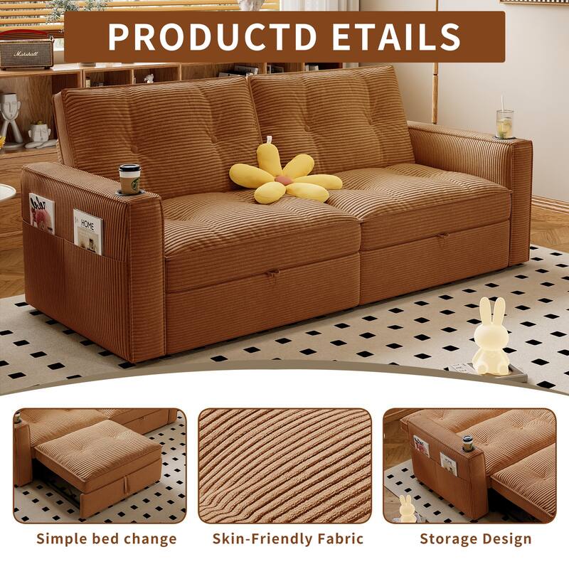 Multi-Functional Corduroy Loveseat Couch Convertible Sleeper Sofa Bed with Cup Holders and Side Pockets for Sitting, Sleeping