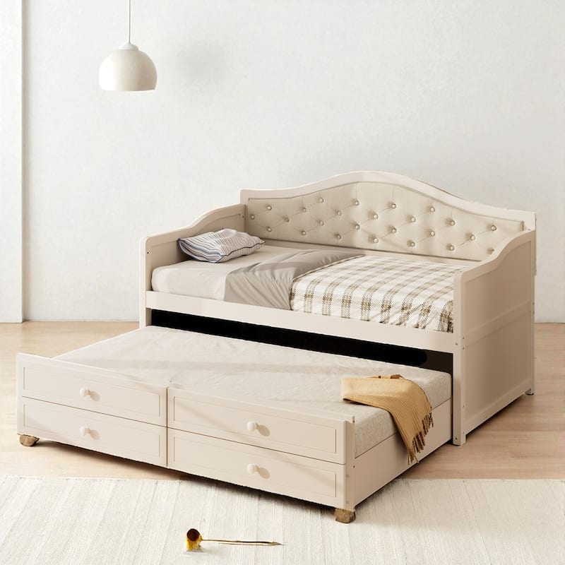 Twin Daybed with Trundle and 2 Storage Drawers, Upholstered Button Tufted Sofa Bed with Solid Wood Frame