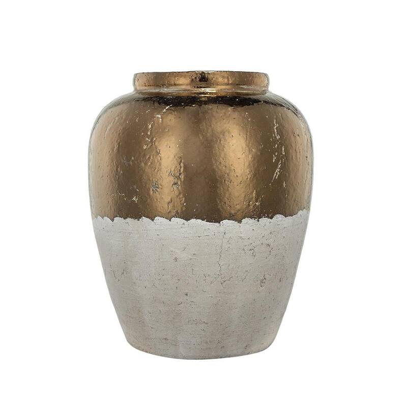 16" Antiqued Bronze And Light Gray Color Block Ceramic Round Jug Vase - 8.50