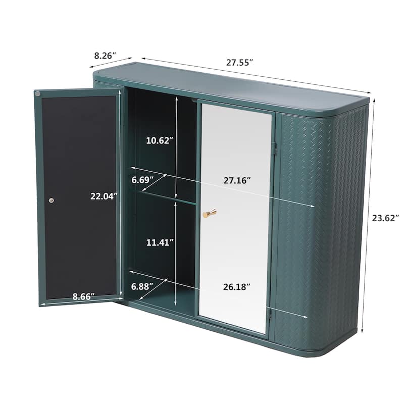 Farmhouse Metal Frame Bathroom Wall Cabinet，Dual Mirrored Doors & Open Shelf，Over-the-Sink or Toilet Storage