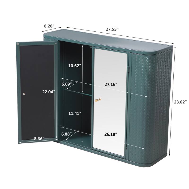 Wall-Mounted Bathroom Cabinet with Mirror, 2 Mirrored Doors & Open Shelf, Metal Frame Storage Cabinet with Open Compartment