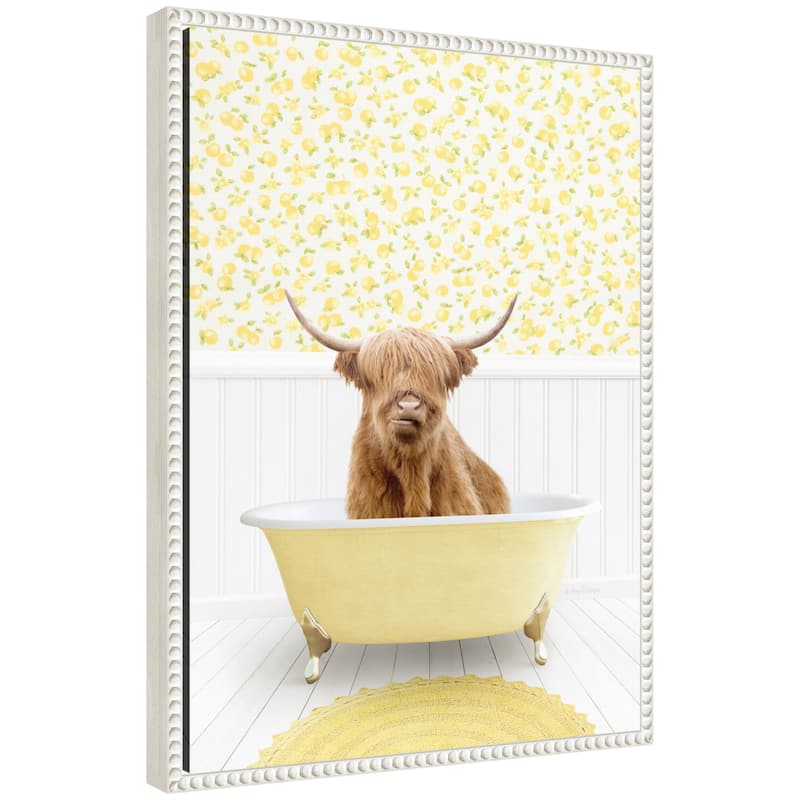 Kate and Laurel Sylvie Highland Cow in Cottage Yellow Bathtub Framed Canvas by Amy Peterson - White