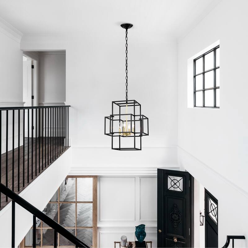 Industrial 4-Light Matte Black Farmhouse Lantern Chandelier, for Dining Room and Kitchen, E12 Bulbs Not Included
