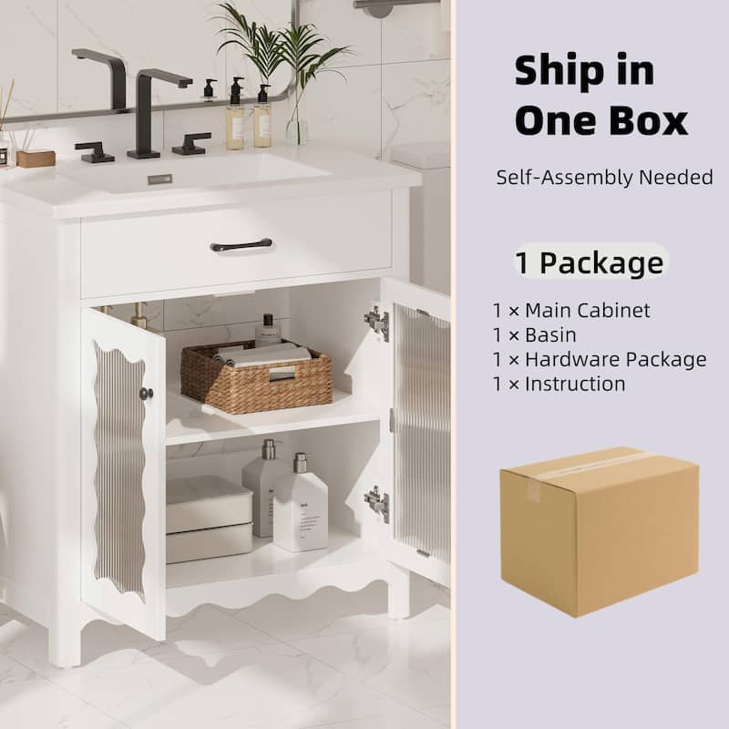 31" Bathroom Vanity with Tempered Glass - Modern Cabinet with Rubber Wood Legs and Soft-Close Doors