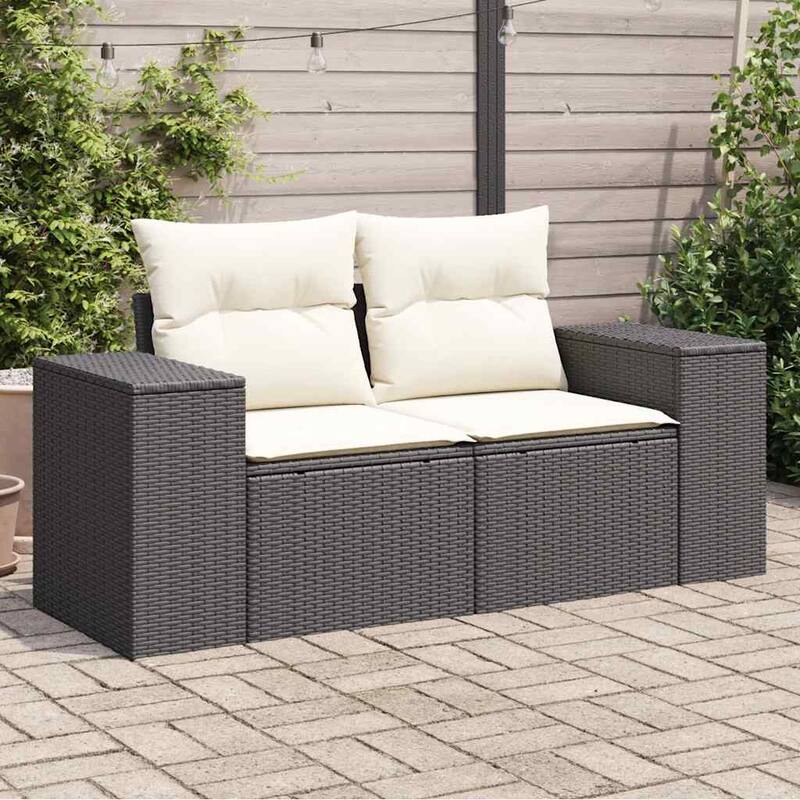 vidaXL Patio Sofa with Cushions 2-Seater Modular Couch Loveseat Poly Rattan - 24.4 x 73.2 x 27.2 in - Black without storage