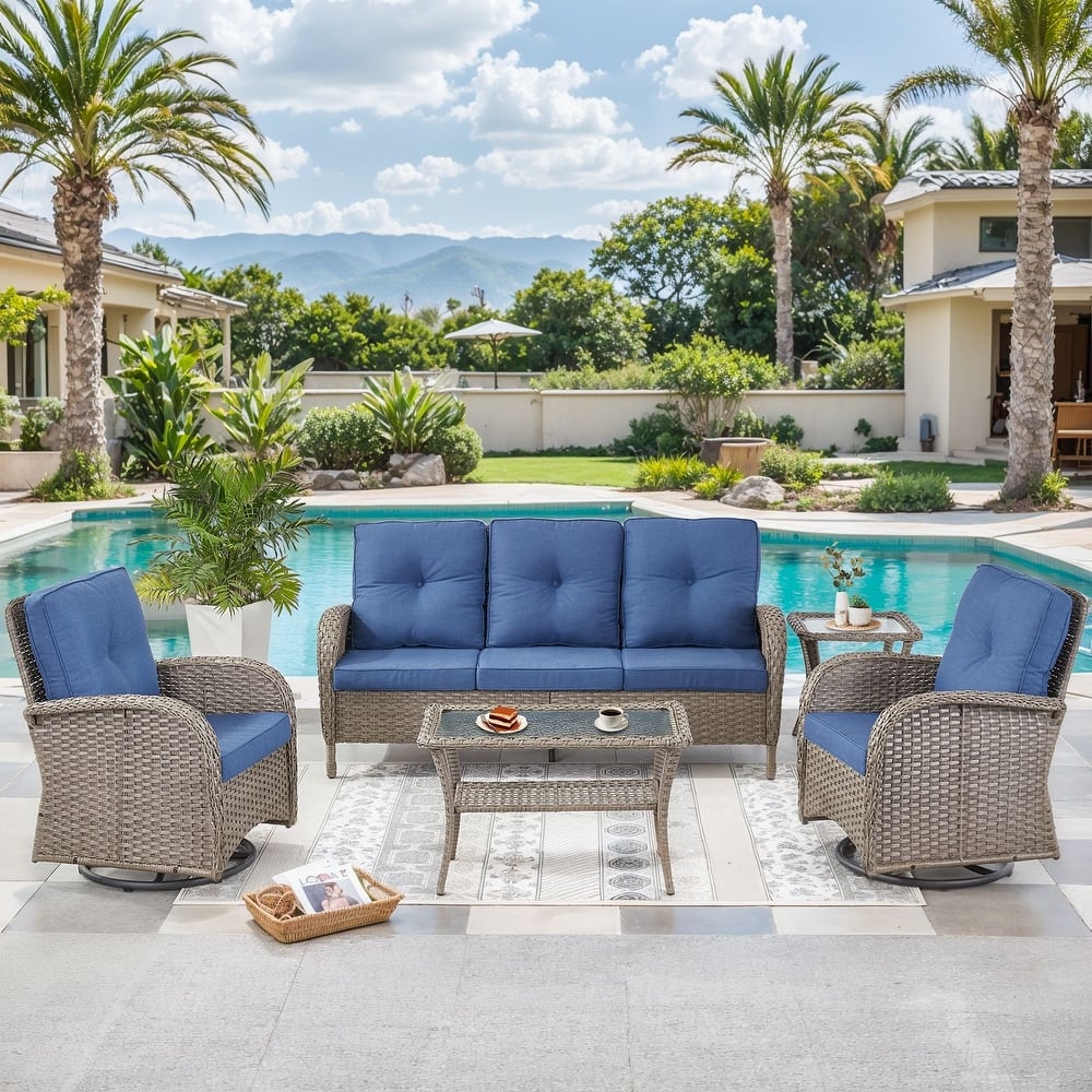 5 Pieces Sofa with Swivel Rocking Chairs Table Set