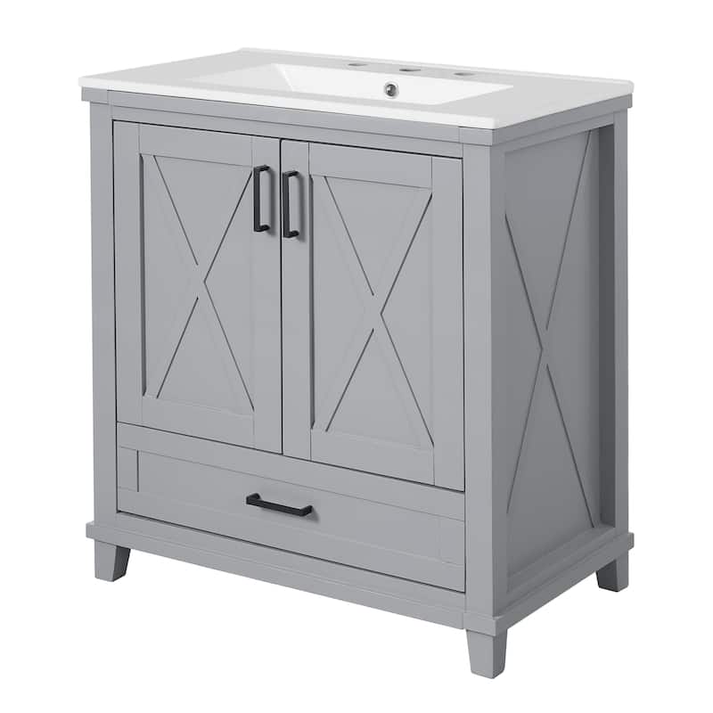 Roomfitters 30" Bathroom Vanity with Ceramic Sink, Solid Wood Frame, 2 Soft-Close Doors, Drawer and Storage Shelves